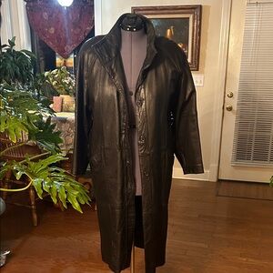 Elle Black Leather sz medium full length leather coat